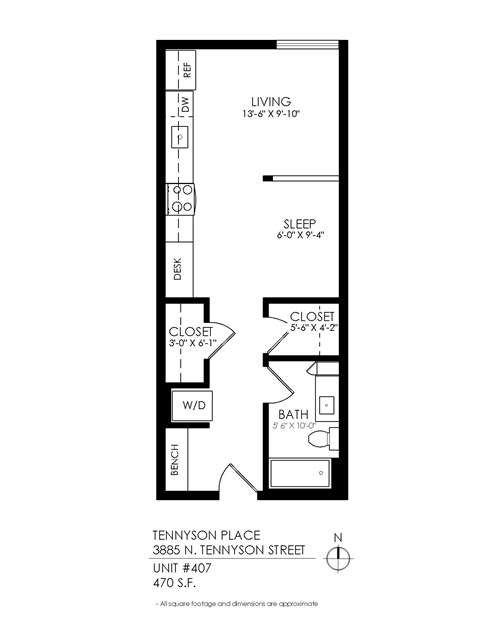 Floor plan for studio, 1 bath, 470 sqft